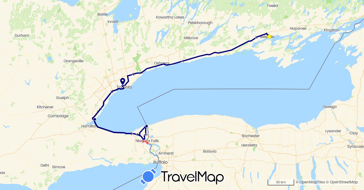 TravelMap itinerary: driving, hiking in Canada, United States (North America)